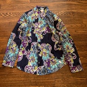 Chico's Women's Medium Navy Blouse with Floral Paisley NO IRON Long Sleeve